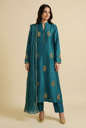 Teal Zardozi Sheesha Silk Kurta Set with Crushed Silk Dupatta