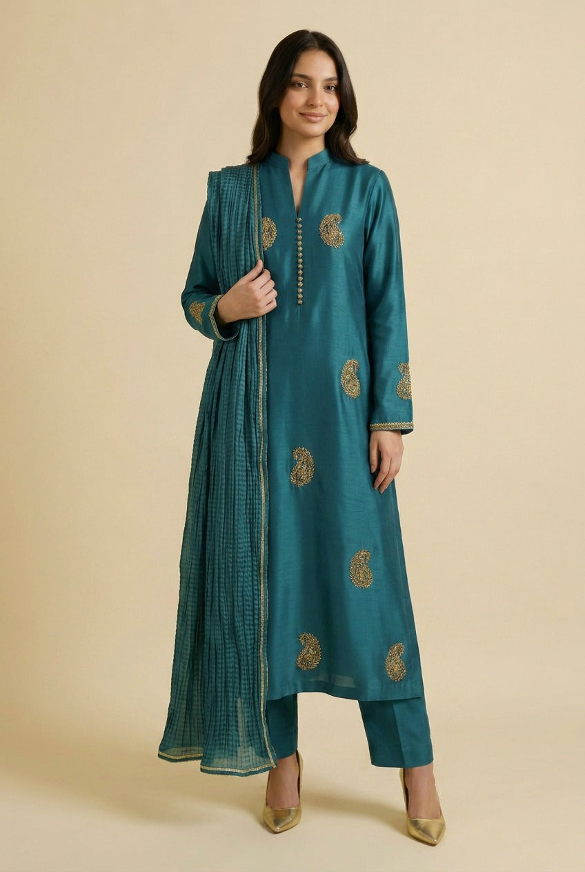 Teal Zardozi Sheesha Silk Kurta Set with Crushed Silk Dupatta