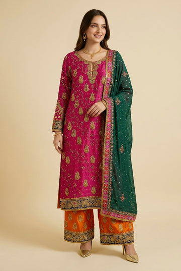 Magenta Sheesha Silk Embroidered Suit with Medium Silk Dupatta