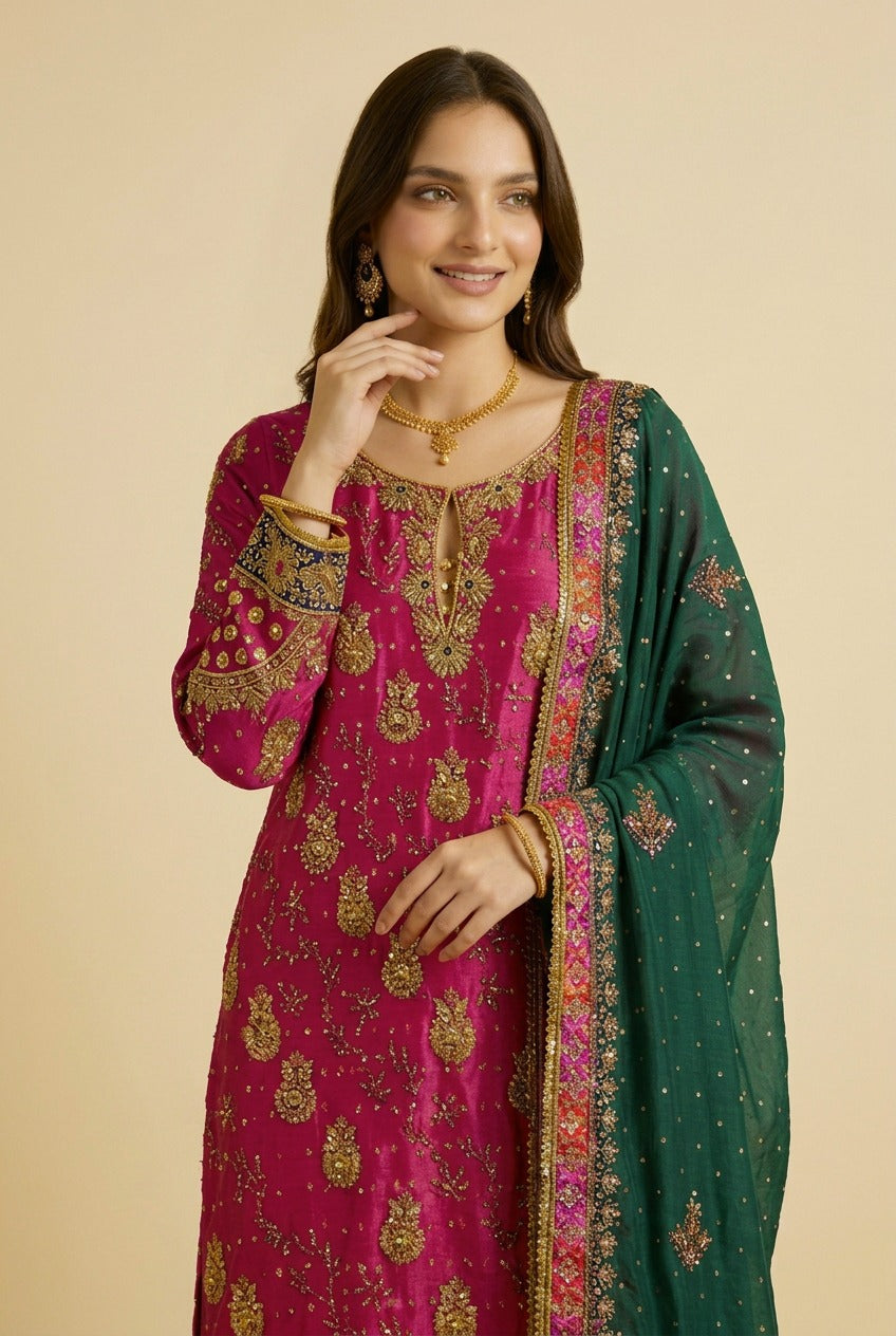 Magenta Sheesha Silk Embroidered Suit with Medium Silk Dupatta