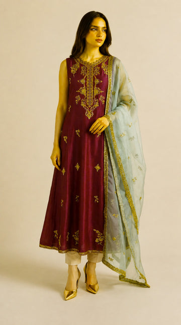 Maroon Sheesha Silk Zardosi Embroidered Frock with Organza Dupatta (3-Piece)