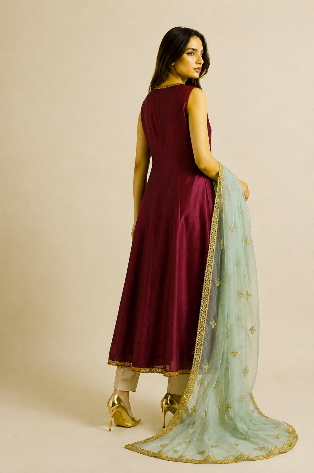 Maroon Sheesha Silk Zardosi Embroidered Frock with Organza Dupatta (3-Piece)