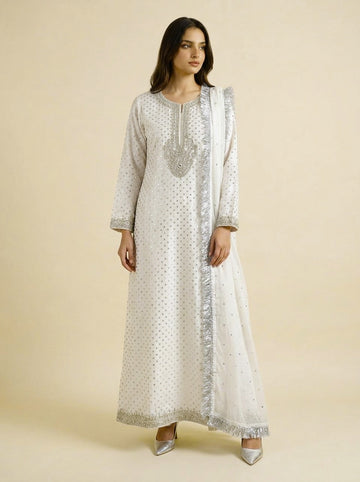 Ivory Sheesha Silk Zardozi Embroidered Suit with Silk Dupatta