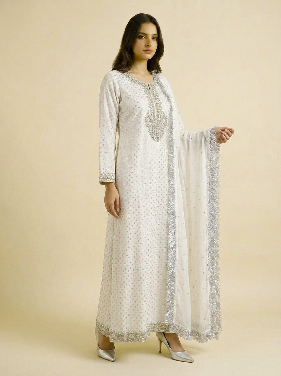 Ivory Sheesha Silk Zardozi Embroidered Suit with Silk Dupatta