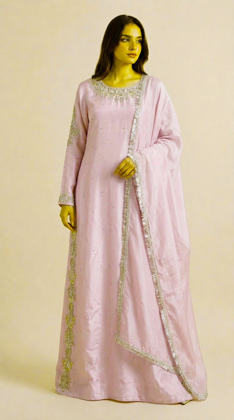 Blush Pink Sheesha Silk Embroidered Long Shirt with Medium Silk Dupatta