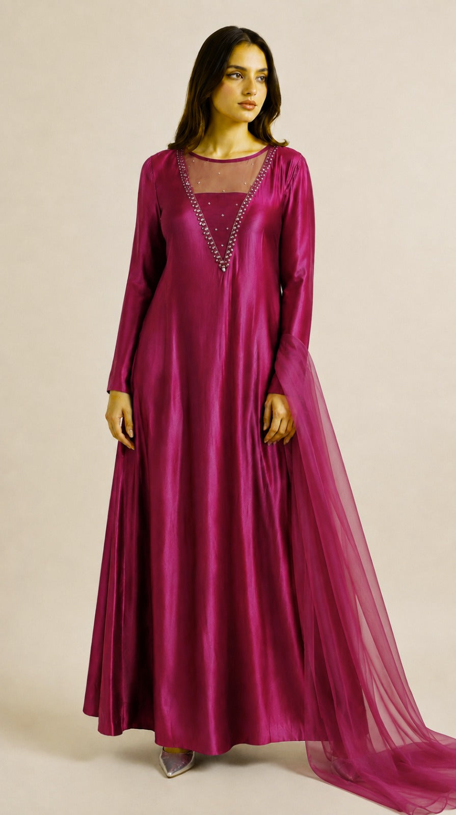 Magenta Sheesha Silk Frock with Pure Organza Dupatta 3pc dress