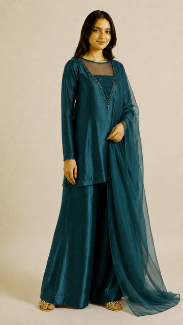 Teal Sheesha Silk Co-Ord Set with Pure Organza Dupatta