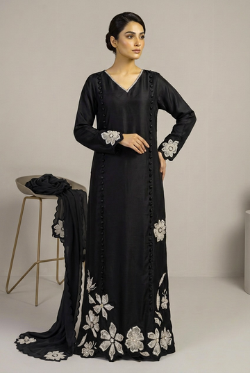 Black Raw Silk Hand-Embellished Long Shirt with Silk Dupatta | Zahra Noor