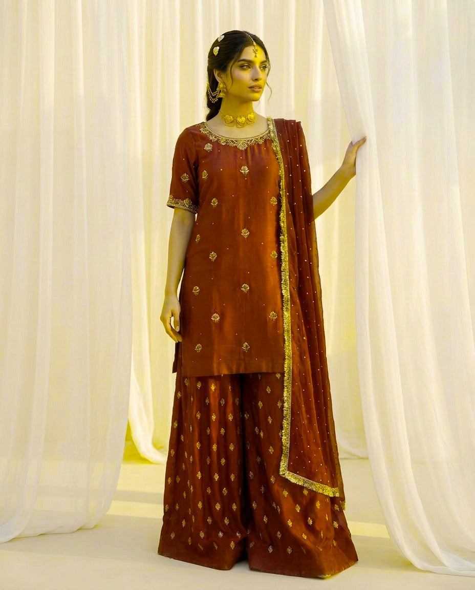 Zardosi Tussel Silk 3-Piece Suit with Silk Palazzo