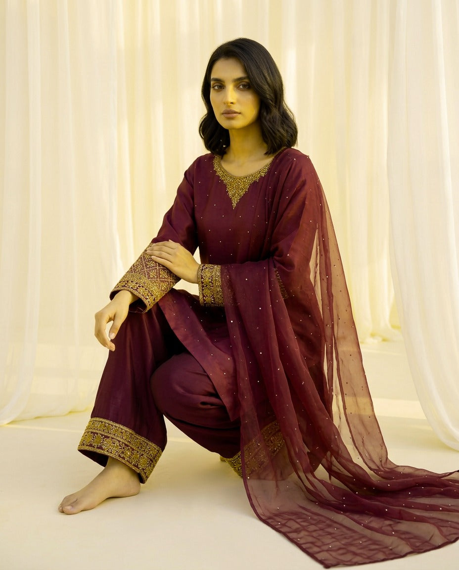 Zardosi Farshi Shalwar 3-Piece Suit – Tussel Silk