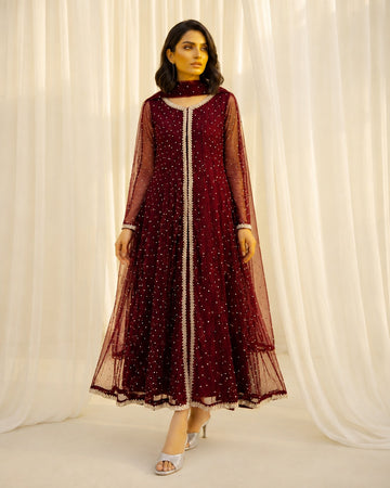 Embellished Net Frock 3-Piece Suit with Silk Trouser